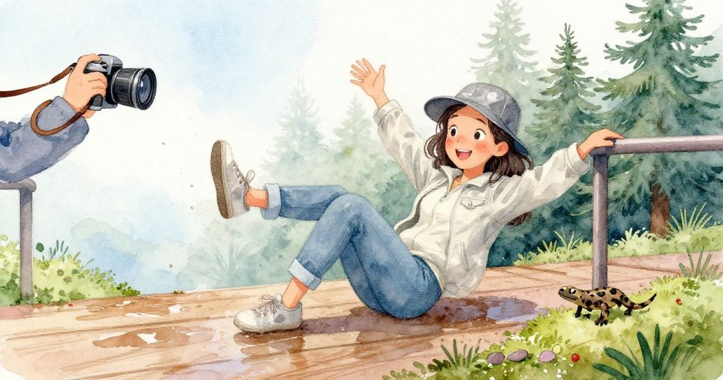 馬里斯在木板上因水坑濕滑失足,急忙抓住欄杆,隨後相機搖晃,一隻蝾螈從間隙中跌落到青苔上,動態情景生動。