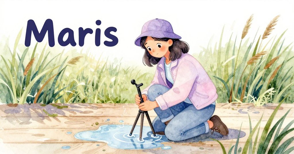 馬里斯蹲在水潭旁,仔細擦拭三腳架,注視木板上水漬緩緩上升,呈現沼澤生態細膩變化的溫柔時刻。