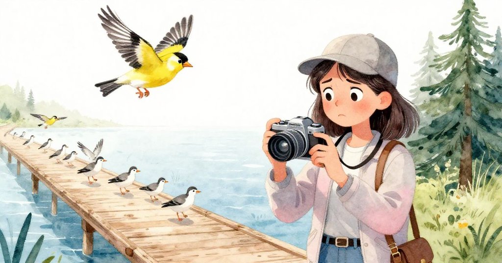 馬里斯面帶挫折先後舉升又放下故障相機,隨後金翅鳥掠過,驚動一群虹鷺猛然起飛,表現出自然中瞬間的生動變化。