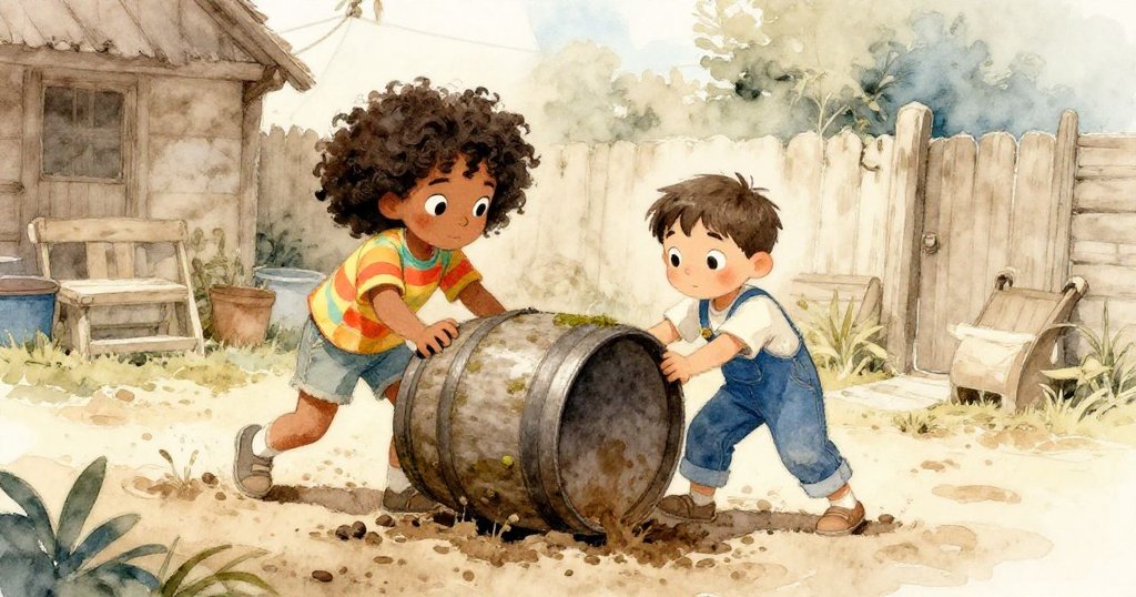 瑪雅堅定推動生鏽雨桶，萊奧扶持相伴，傾斜後院泥濘景象呈現冒險啟程與期待。