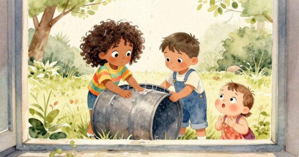 透過棚子窗戶，可見瑪雅與萊奧齊心協力移動雨桶，旁有幼童好奇窺視，展現合作與探索進程。