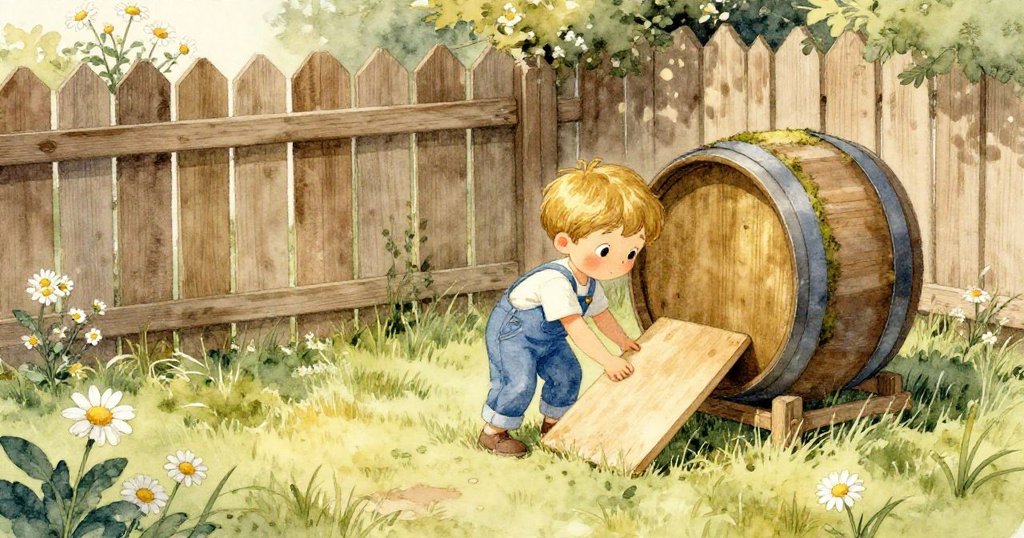 從高處俯視後院，萊奧利用木板協助推動雨桶，圍籬旁盛開雛菊與暖陽交織見證策略展開。