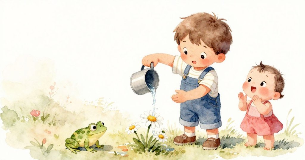 萊奧輕輕澆灌盛開雛菊，幼童歡笑拍手，小蛙靈動爬行，共同營造出自然快樂和諧高潮。