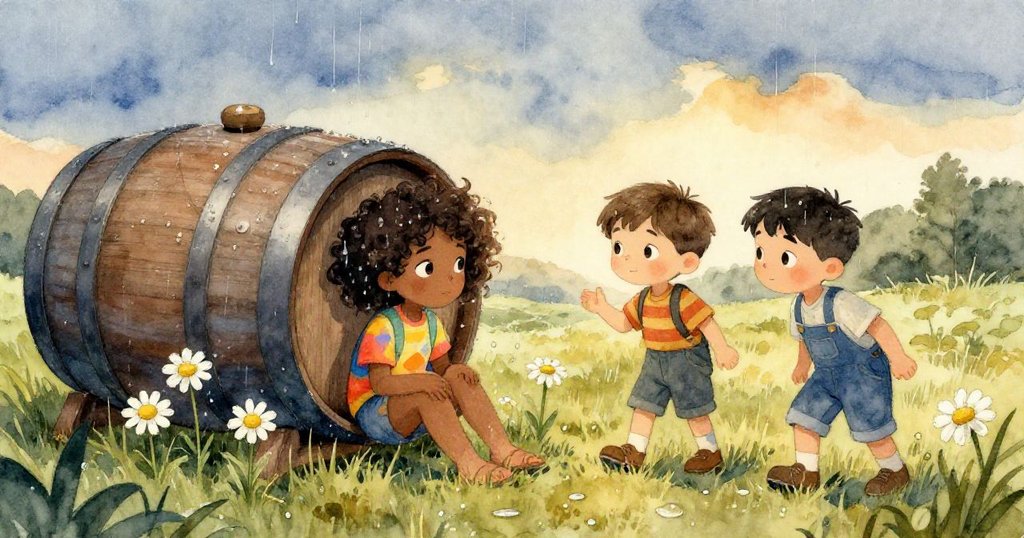 雨桶橫臥於濕潤雛菊旁，瑪雅與萊奧凝望後院回憶努力經歷，夕陽映襯中平靜告別冒險篇章。