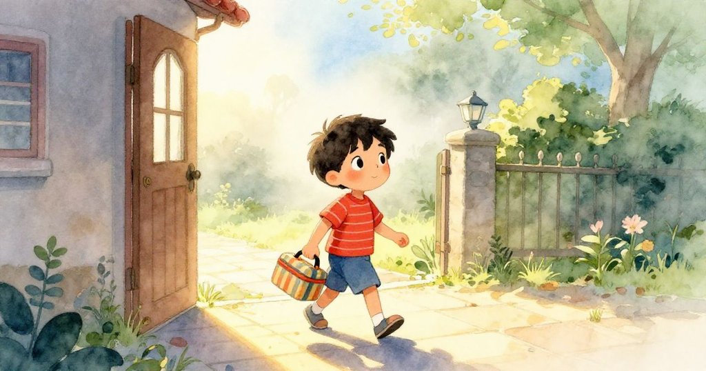 Leo手拿條紋便當盒走出家門，晨光灑在瓷磚上，背景有花園門，充滿期待與溫暖氣息，柔和晨霧環繞。