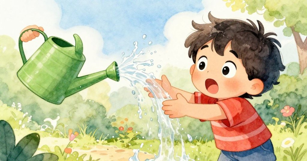 Leo不小心撞到綠色澆水壺，水花四濺，特寫他驚訝的眼神，背景為明亮晨光與花園點綴。