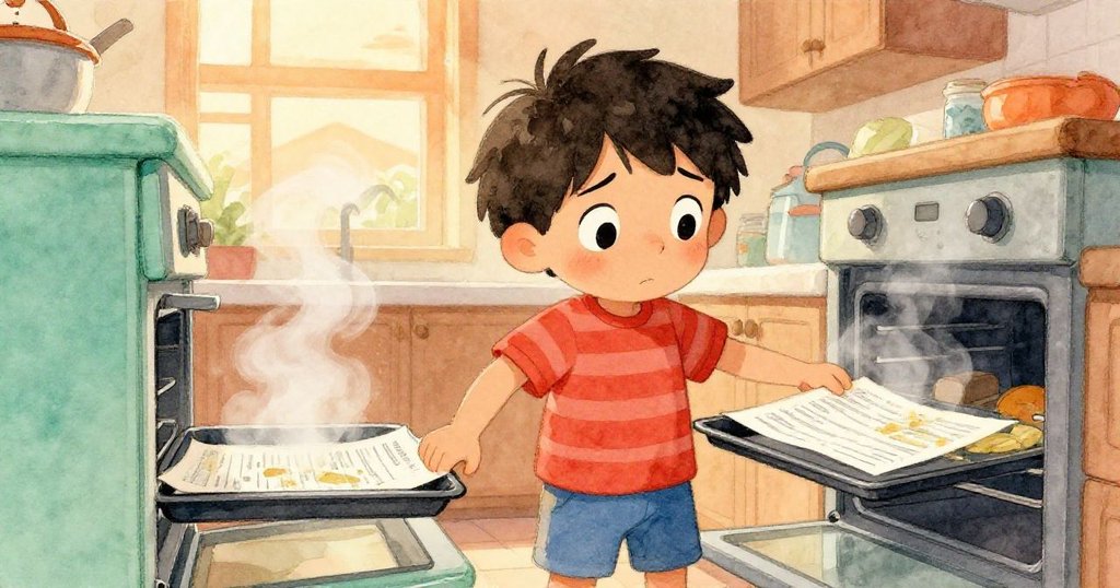 Leo急忙進入溫馨廚房，小心將濕透報告放入烤盤，烤箱散發溫暖光芒，蒸氣輕緩上升，充滿關切。