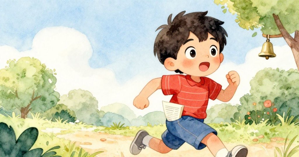 Leo重新整理報告後匆忙奔向學校鐘聲方向，動感十足，陽光普照背景開闊，充滿堅定與活力。