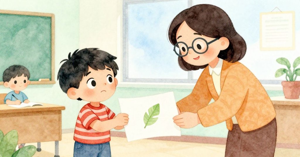 Leo在教室中將報告交給微笑的老師，報告角上留有葉形水跡，明亮溫馨的環境中流露解困後的滿足與喜悅。