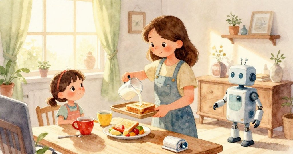 Mia的手正在細緻地倒牛奶，展示出木質檯面的細緻紋理和牛奶的光澤，充滿溫柔和專注的氣息。