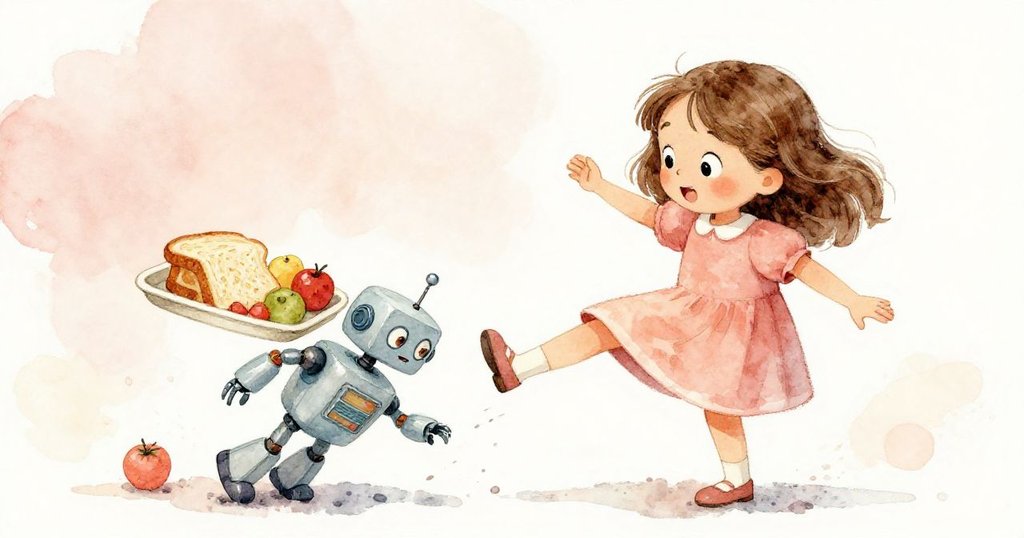 Mia在動態傾斜角度中迅速滑動盤子平衡傾斜的托盤，塑料機器人輕觸腳踝，展現出驚訝與專注的情緒。