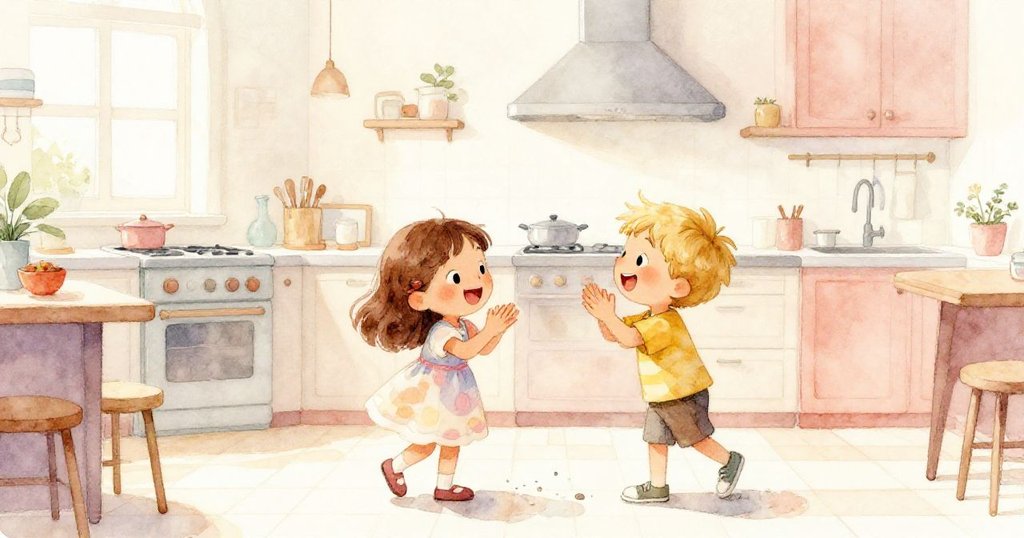 Mia和Jack在溫馨廚房共享改變時光的早晨與午後，Jack鼓掌嬉笑，氛圍溫暖愉快，展現了輕鬆解決小意外的情景。