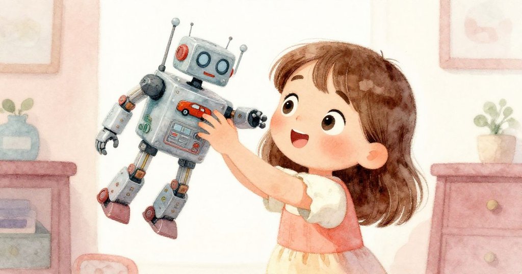Mia發現機器人外殼上的未來汽車圖案，眼神充滿好奇與驚奇，小心將其放置在書堆後，背景溫馨雅致。