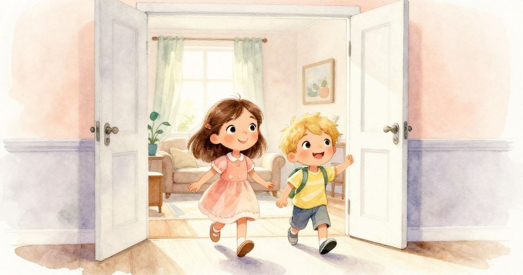 Mia和Jack手牽手走向陽光明媚的開放門口，臉上洋溢著希望與喜悅，象徵著新時刻的開始與家庭溫暖。