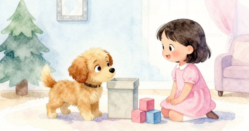 房間內,小狗好奇嗅探高箱後滑進箱下,旁邊女孩注視新球,情緒充滿溫馨期待。