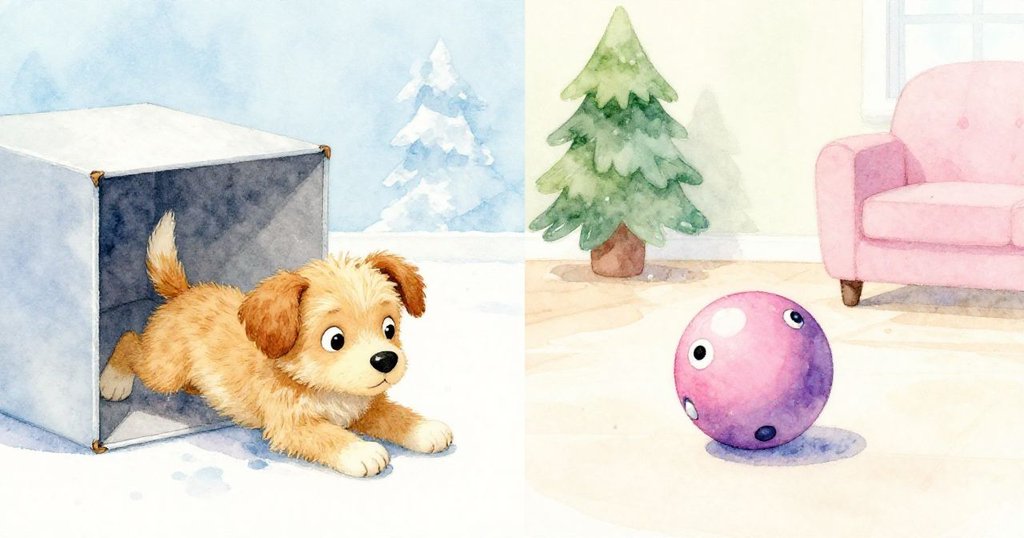 分割畫面左側顯示小狗巧妙滑過箱下,右側呈現新球彈跳吱響,生動展現遊戲進展。