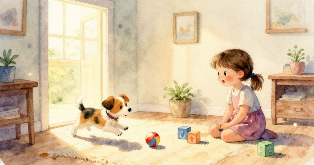 柔和光線灑落於房間,光影交錯營造夢幻氛圍,室內充滿溫暖與期待的魔力。