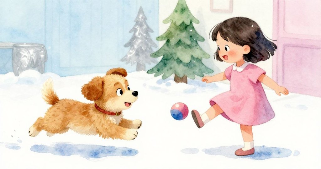 活力小狗快奔向跳動球,輕觸球後球擊女孩膝,室內洋溢歡樂動感,展現童趣瞬間。