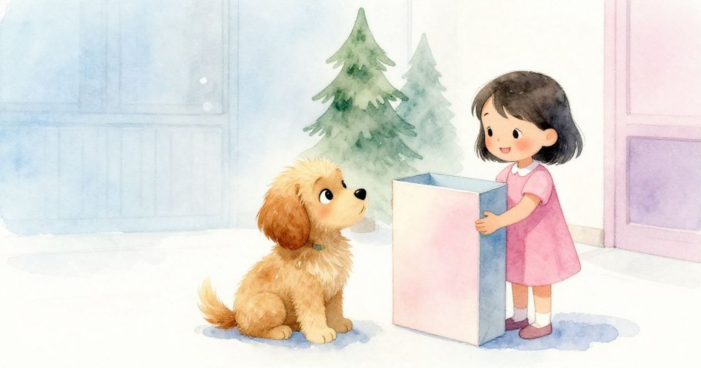 安靜房間裡,小狗平坐,女孩輕舉箱子微笑,笑聲回蕩,展現溫馨平和、遊戲後的滿足感。