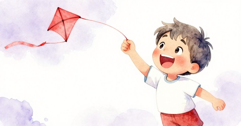 Leo面帶快樂與驚喜的笑容，近距離展現揮動風箏線的動作，紅風箏在背景中若隱若現。