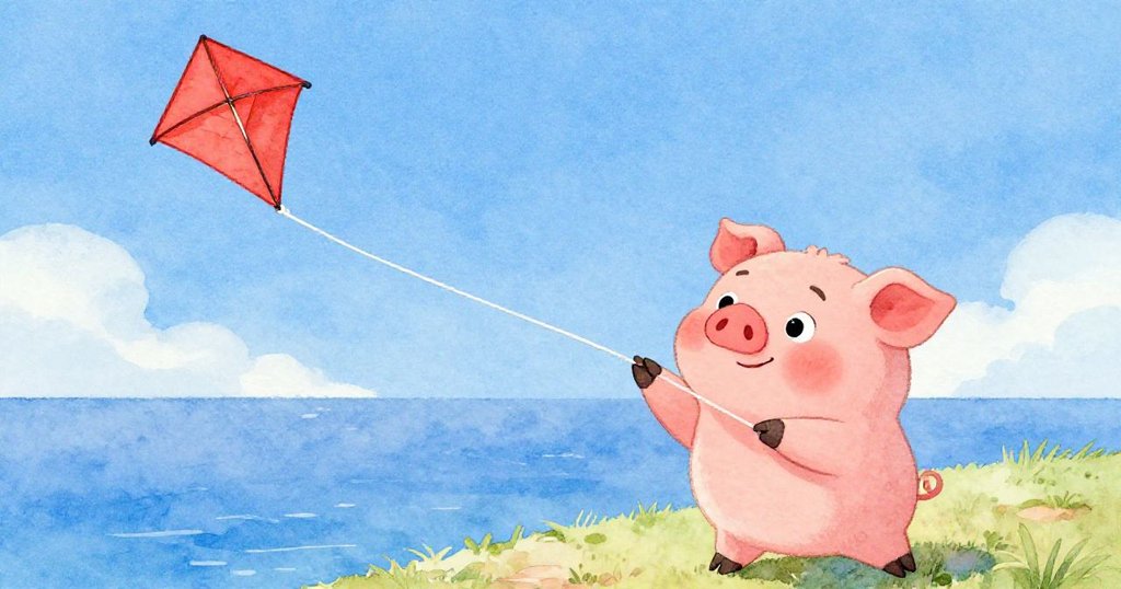 從高視角看見粉色小豬頑皮碰觸風箏線，草地隨之抖動，紅風箏被輕觸後迅速向上飛升。