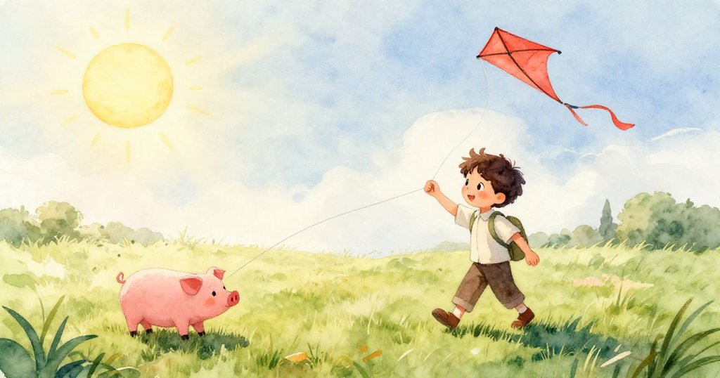 紅風箏在亮藍天空中優雅盤旋，彩色布料在微風中輕輕飄揚，展現出動感與寧靜的戶外氛圍。