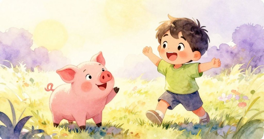Leo與粉色小豬共享歡樂時刻，小豬歡快起舞並發出輕快聲音，Leo溫馨微笑注視著，場景充滿陽光。
