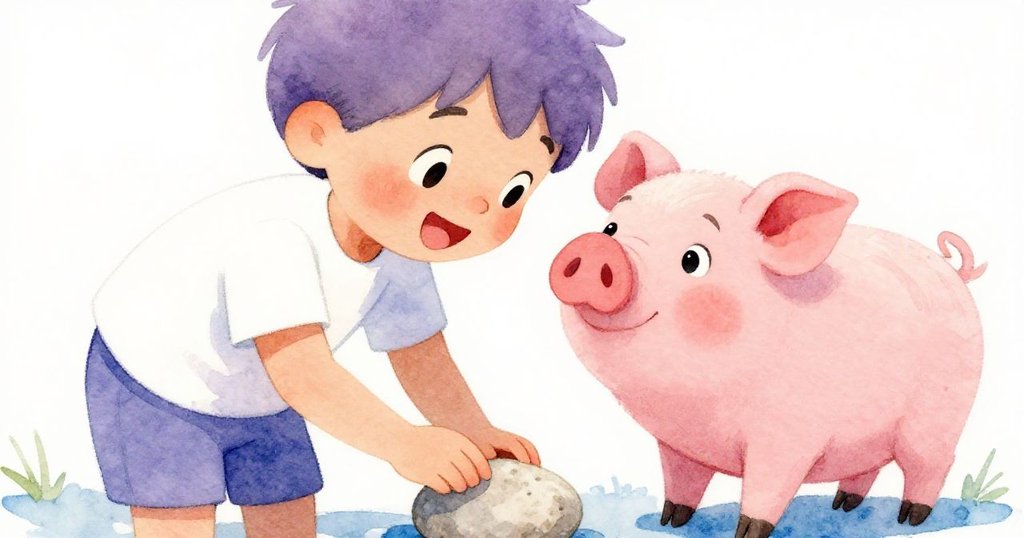 Leo溫柔拾起一顆平滑心願石，小豬親昵靠近，兩者共享寧靜而動人的時刻，草地散發柔和光芒。