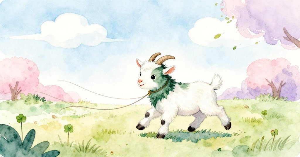 小山羊Billy在溫暖庭院中歡快奔跑，牽著細繩，草地、柵欄及搖曳的樹葉交織出一幅自然溫馨的畫面。