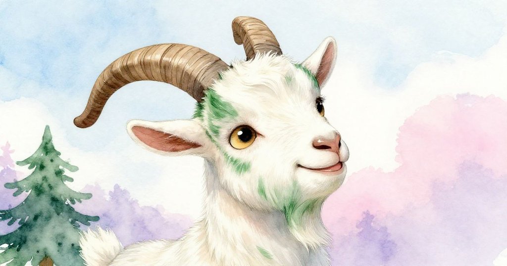 小山羊Billy露出驚喜笑容，伸長脖子細看周遭，臉上表情充滿好奇，背景呈現柔和庭院景致。