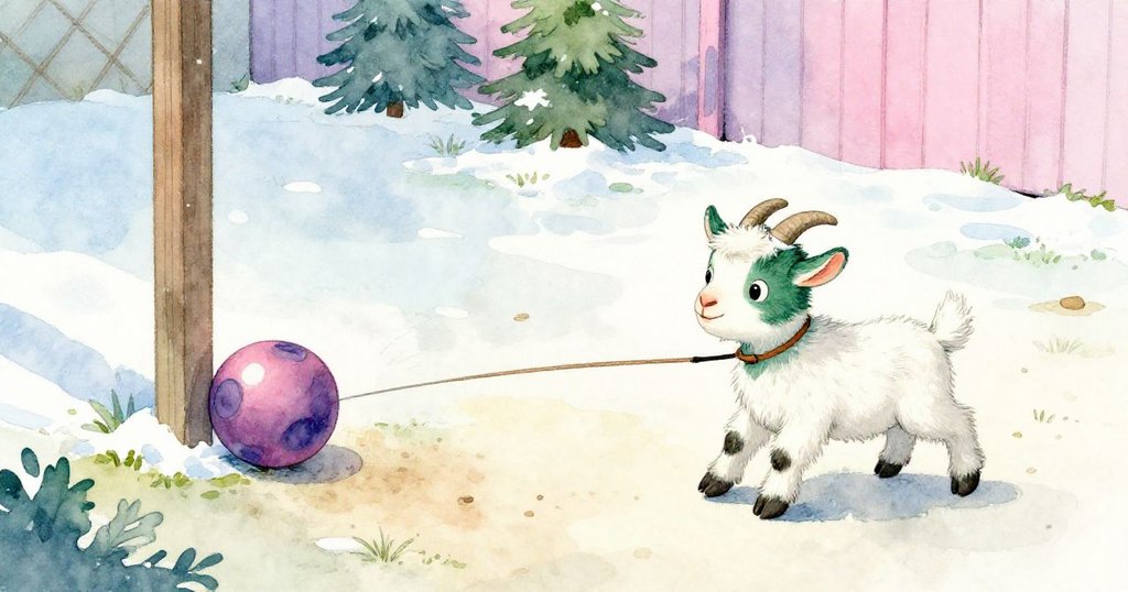 小山羊Billy從高角度展現驚訝神情，滾動的球撞上柱子使細繩滑落，庭院地面細節清晰，動態瞬間生動描繪。