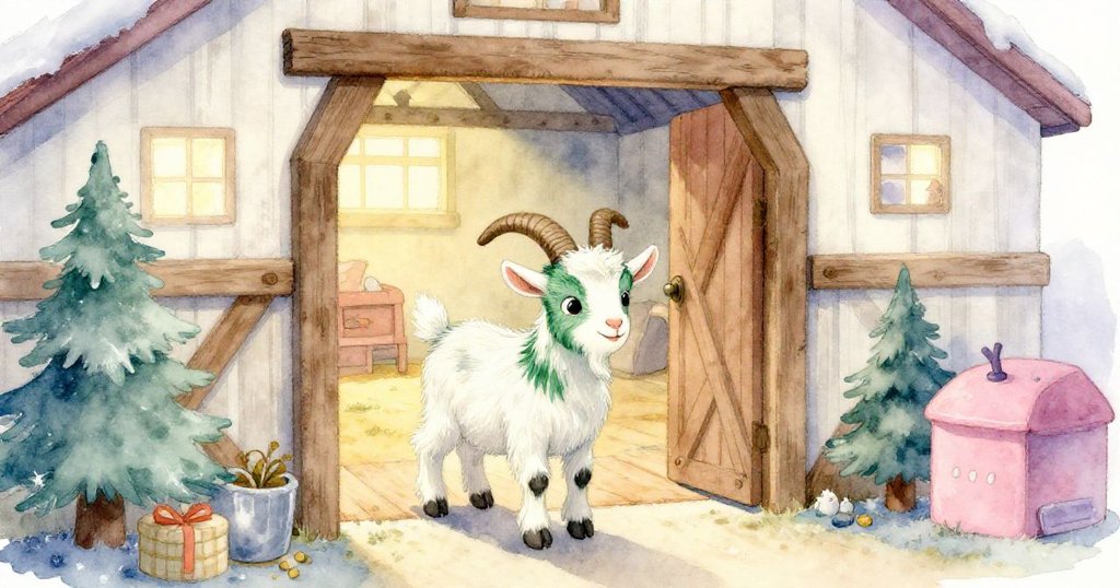 小山羊Billy好奇步入溫馨穀倉內，室內柔和光線與戶外明亮形成對比，環境古樸且富有探索趣味。