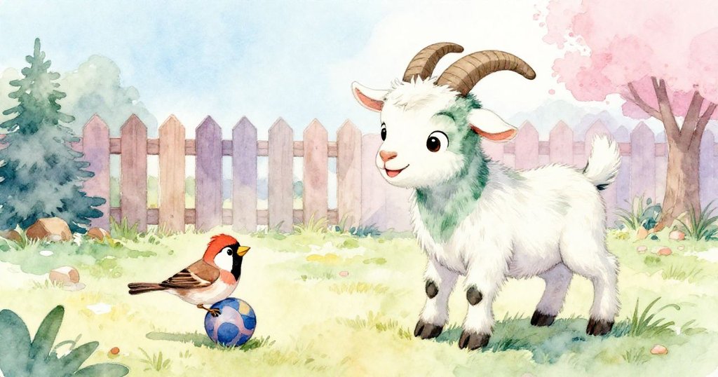 小山羊Billy與快樂小麻雀互動融洽，共同圍繞滾動球與柵欄探索，場景洋溢著溫暖與遊戲的情調。