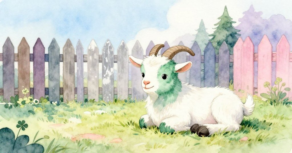 小山羊Billy在寧靜庭院中安坐休憩，柔和夕陽灑在柵欄、柱子與綠意盎然的草地上，展現安詳結局。