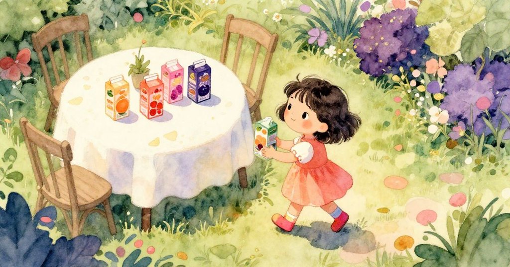 Maya在明亮的陽光下，手持三瓶果汁走向花園桌，從高空俯瞰綠意盎然的庭園，充滿活力與希望。