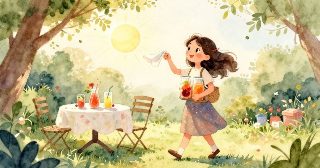 Maya在花園桌旁，輕風吹起餐巾拂過她的手臂，她的小手握著果汁，臉上流露出驚訝與調皮之情。