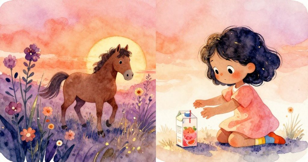 左邊果汁盒滾向一隻站在鮮花叢中的馬，右邊Maya跪下撿回果汁，兩個場景呼應，充滿生動與溫暖。