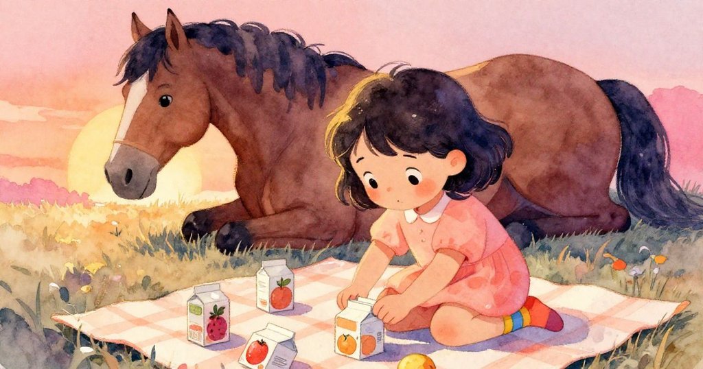 Maya彎腰拾起滑動的果汁盒，臉上露出決心與驚訝，背景中馬兒靜靜陪伴，整個畫面洋溢溫暖光影。