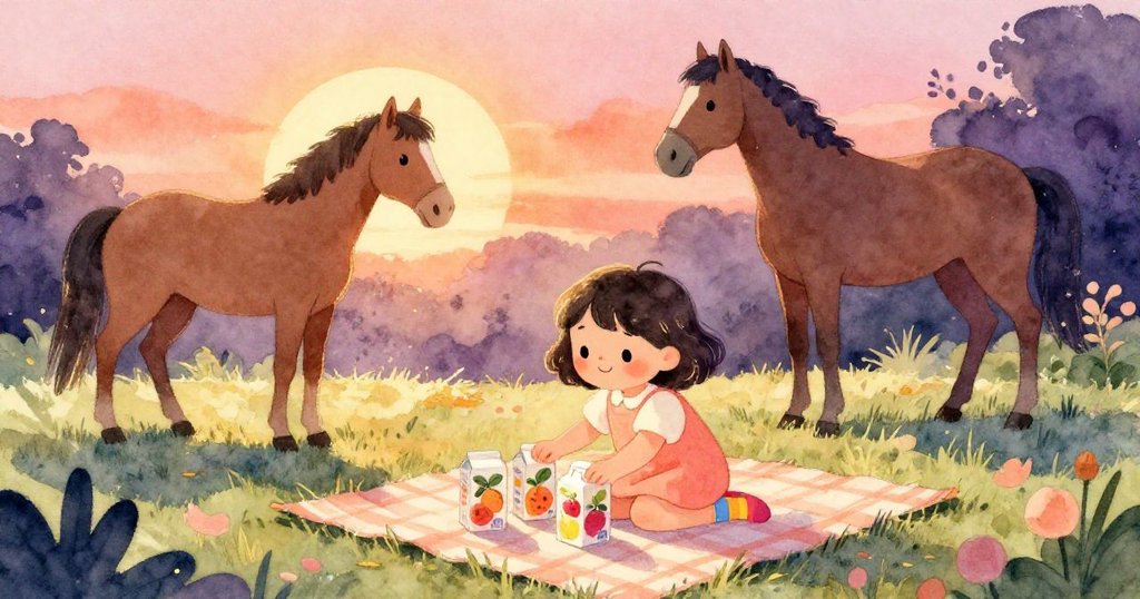 Maya微笑著整理果汁盒，夕陽餘暉灑落草地，馬兒靜靜陪伴，充滿告別與溫暖情懷，點綴著自然柔美色彩。