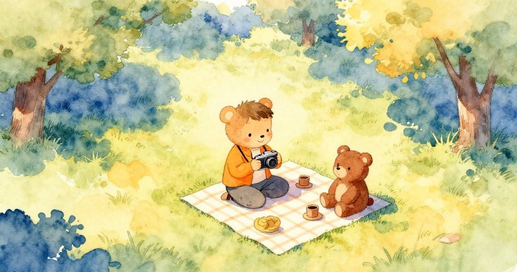 Tim在晨光普照的公園中忙著鋪設野餐布，手持相機，毛絨熊在旁守候，景色充滿溫暖與期待。