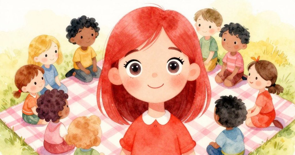 Lina站在野餐布前面，眼神充滿自信與熱情，朋友們圍聚在旁，臉上洋溢著期待與喜悅。