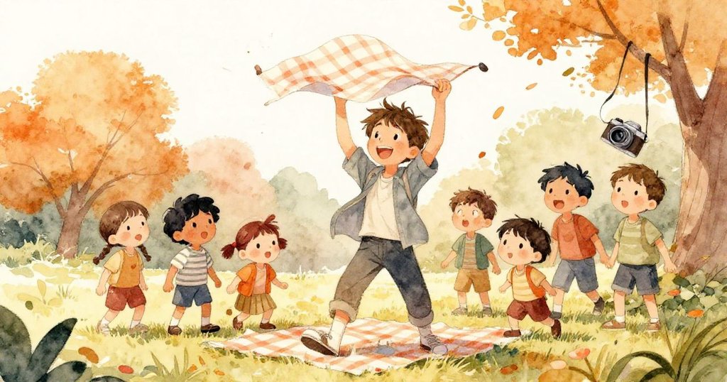 突如其來的微風掀起野餐布，Tim與朋友們驚訝不已，髮絲隨風飛舞，攝影機也微微傾斜，生動展現公園中的動感。