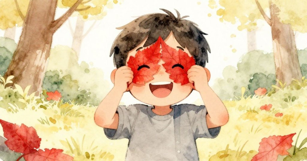 Tim俏皮地用一片鮮紅的葉子覆蓋面容，形成逗趣笑容，神情愉悅，在野餐現場中營造出輕鬆有趣的氛圍。