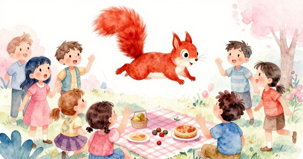 快活的松鼠躍入畫面，Tim與朋友們驚喜定格，臉上流露出意外與歡欣，野餐氣氛瞬間變得歡快而生動。