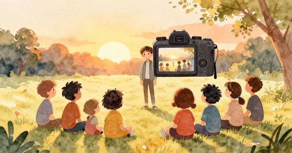 夕陽餘暉中，公園被金色光芒籠罩，攝影機屏幕上展現出新照片，Tim與朋友們滿懷欣慰，靜享美好野餐回憶。