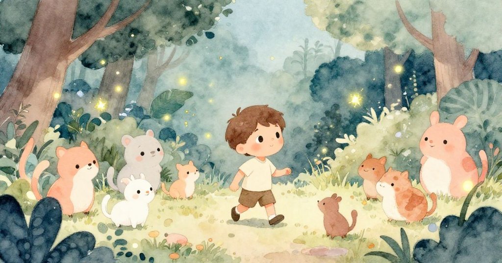 山姆走進花園，與小動物和螢火蟲互動，夜空滿佈星光，流露出興奮與好奇，故事開端充滿神秘氣息