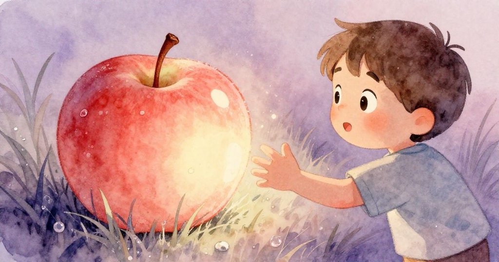 山姆伸手去拿月光映照下光亮的蘋果，蘋果表面光滑涼爽，臉上充滿驚奇與期待，展現故事發展初期的細膩情感