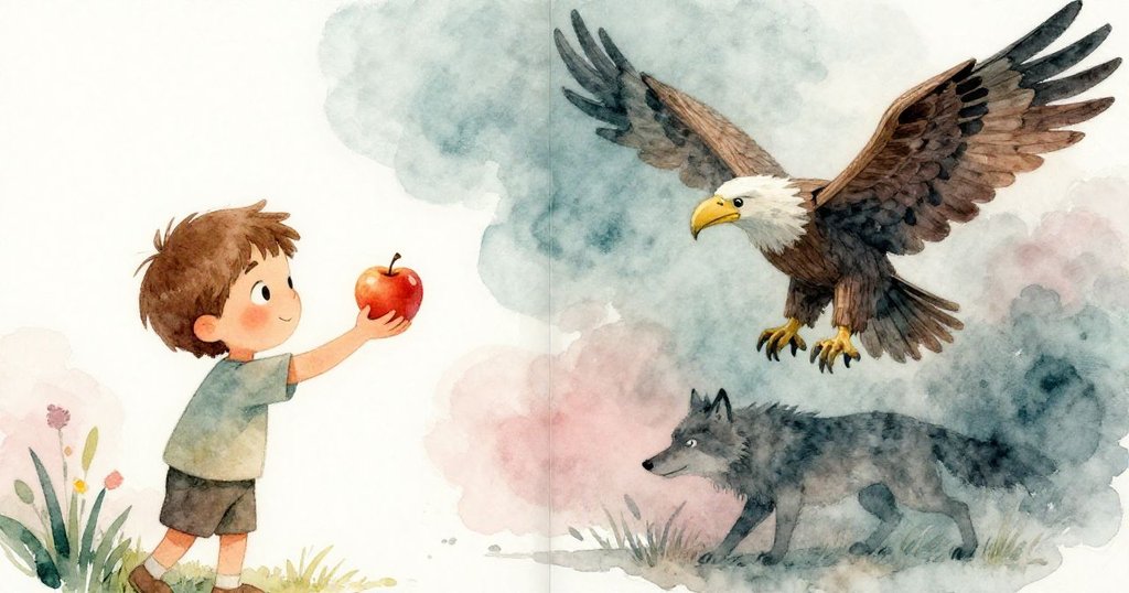 山姆伸手取蘋果時旁邊出現神秘黑影，一邊似狼一邊似木鷹，畫面分割展現驚奇與神秘轉化，氣氛懸疑緊張