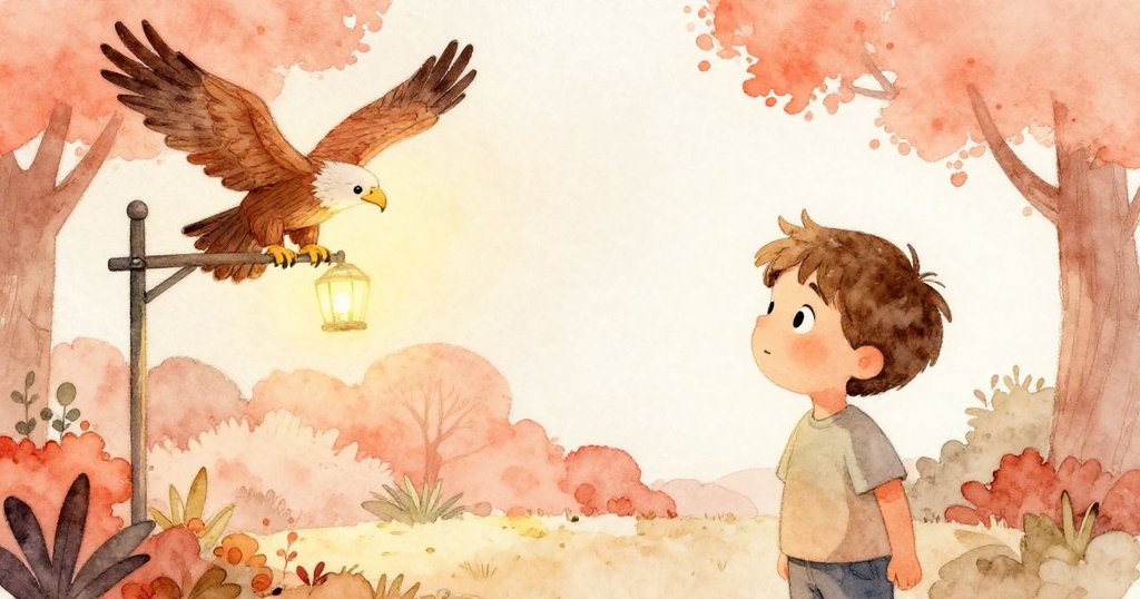 山姆看著門廊燈亮起，溫暖光芒將神秘黑影化為安穩木鷹，木鷹立於木柱上，畫面流露出驚喜與安心感