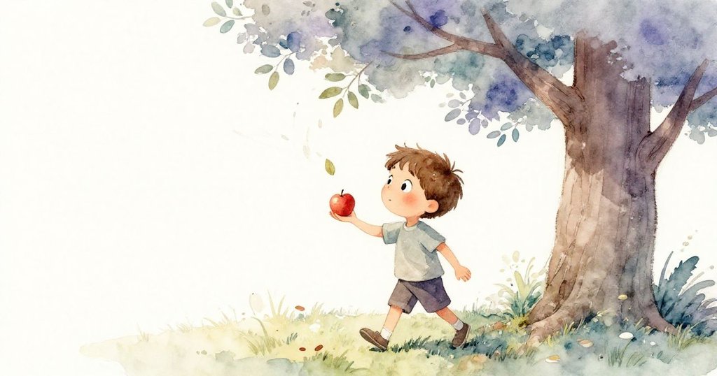 山姆走在樹下時，蘋果從樹上輕輕落入他手中，樹葉沙沙作響，展現出自然與驚喜交織的溫柔場景